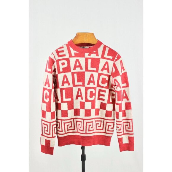 PALACE Check-It Knit Red White Logo Check Wool Blend Crew Neck Sweater, Size L - Picture 2 of 16